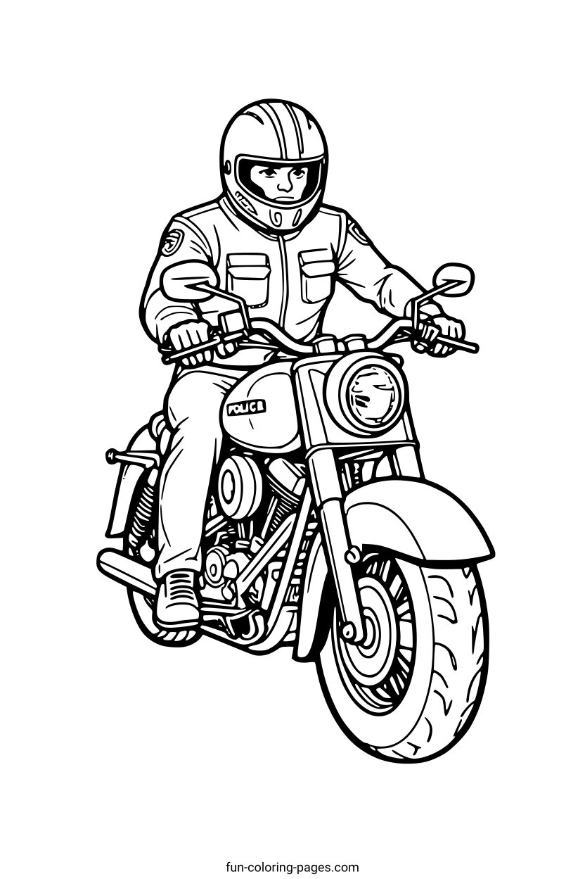 Police Officer on Motorcycle – free printable coloring page, available as PDF and SVG