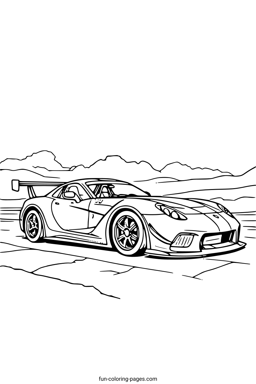 Racing Car in Desert – free printable coloring page, available as PDF and SVG