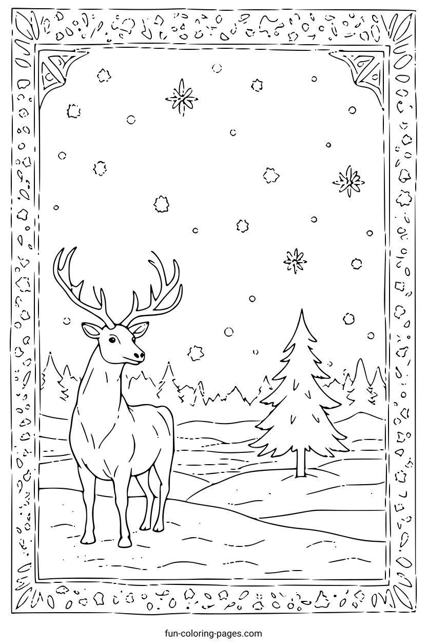 Reindeer in Winter Forest – free printable coloring page, available as PDF and SVG