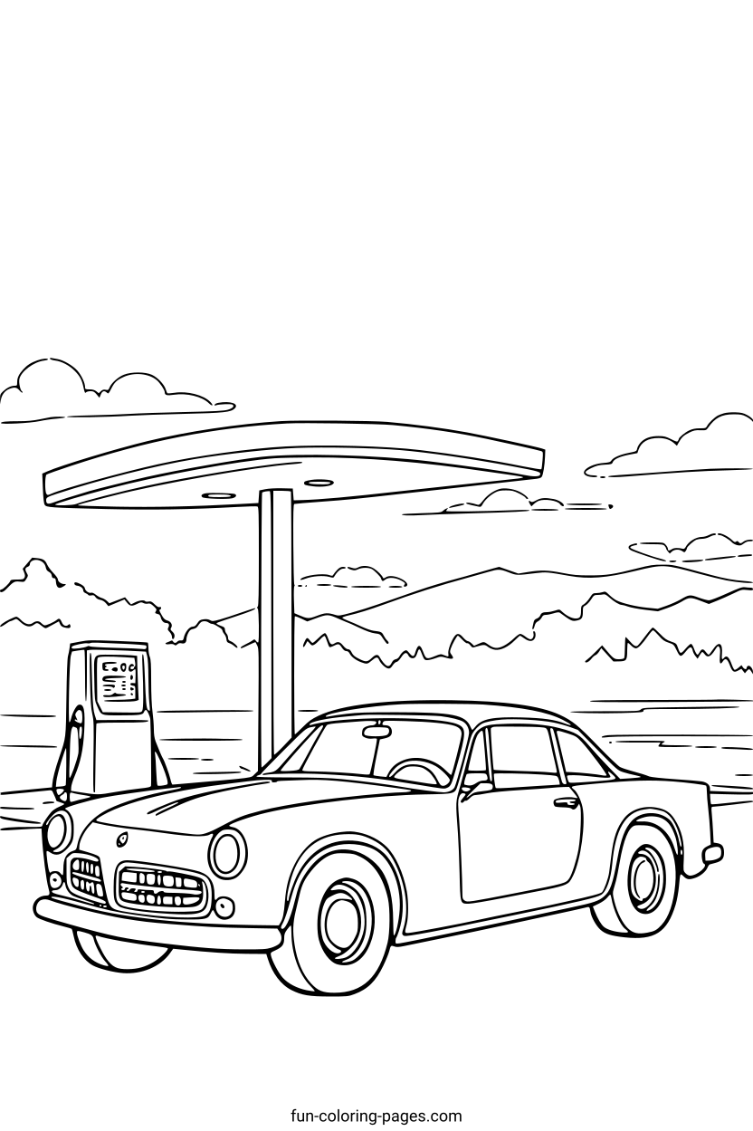 Retro Car at Gas Station – free printable coloring page, available as PDF and SVG
