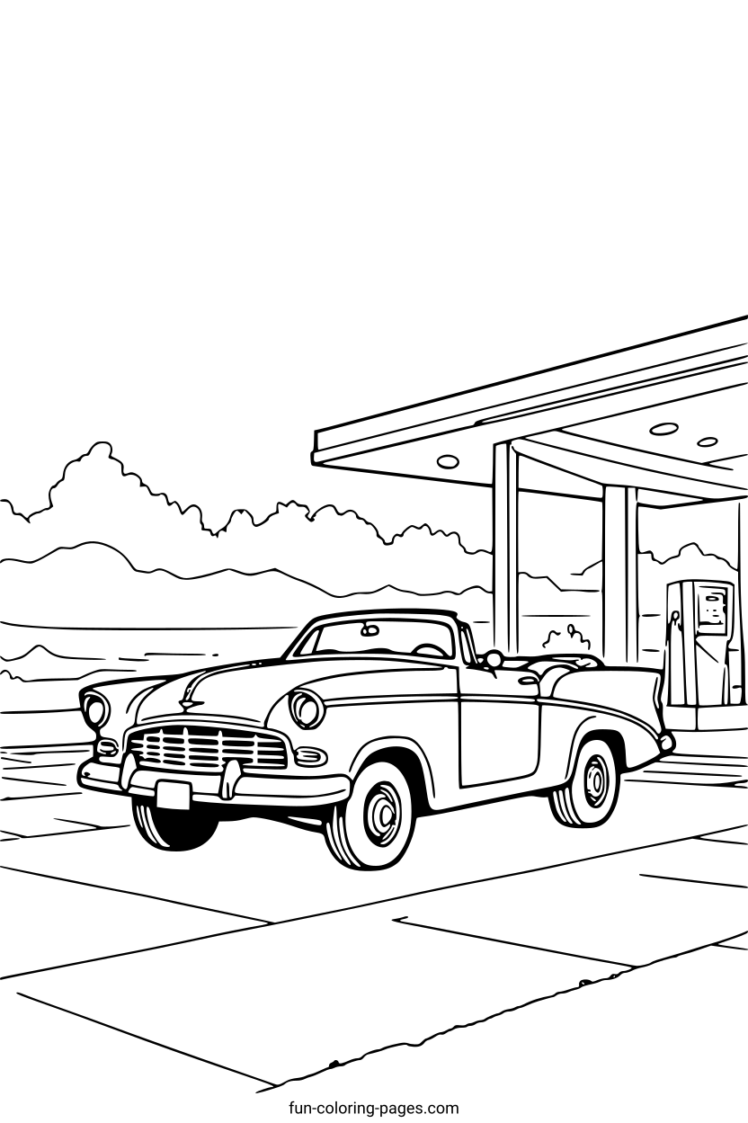 Retro Convertible at Gas Station – free printable coloring page, available as PDF and SVG