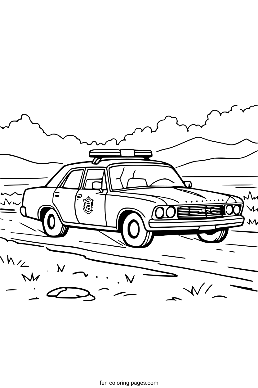 Retro Police Car in Desert – free printable coloring page, available as PDF and SVG