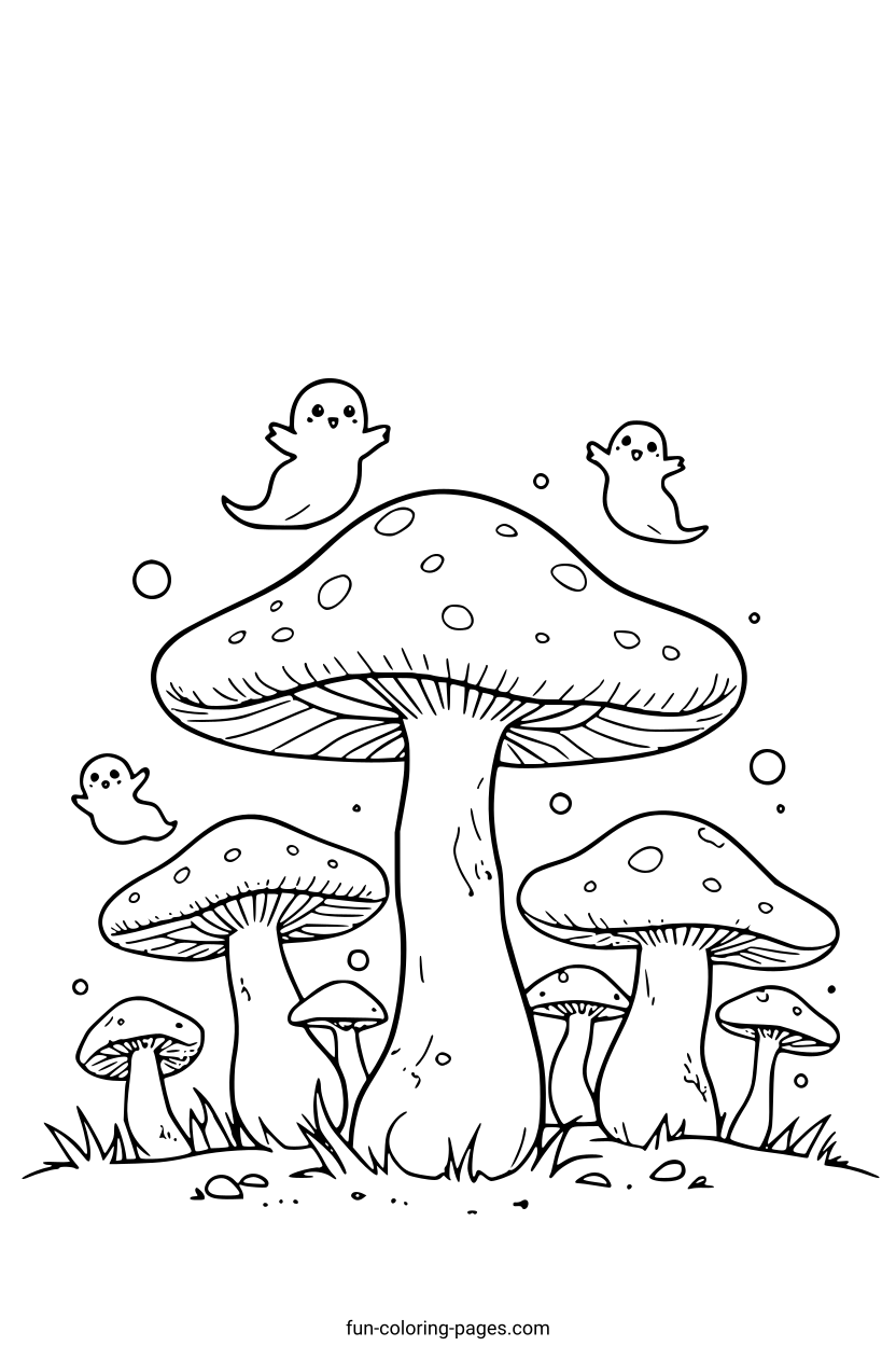 Ring of Mushrooms with Tiny Ghosts – free printable coloring page, available as PDF and SVG