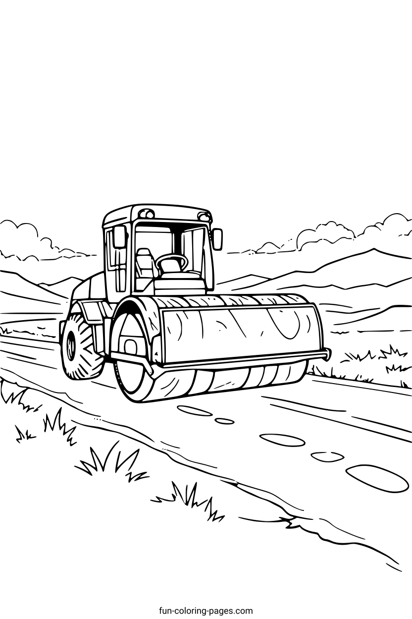 Road Roller in Desert Landscape – free printable coloring page, available as PDF and SVG