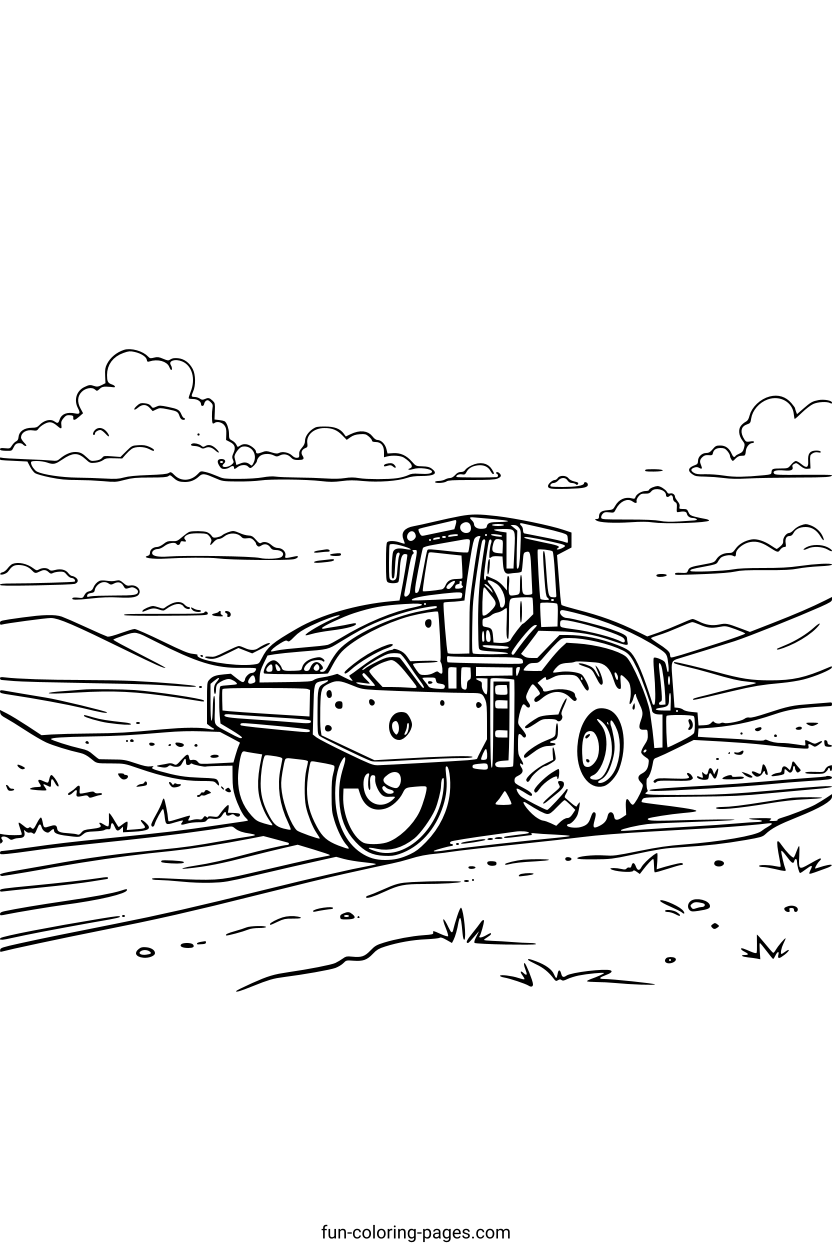 Road Roller in Open Landscape – free printable coloring page, available as PDF and SVG