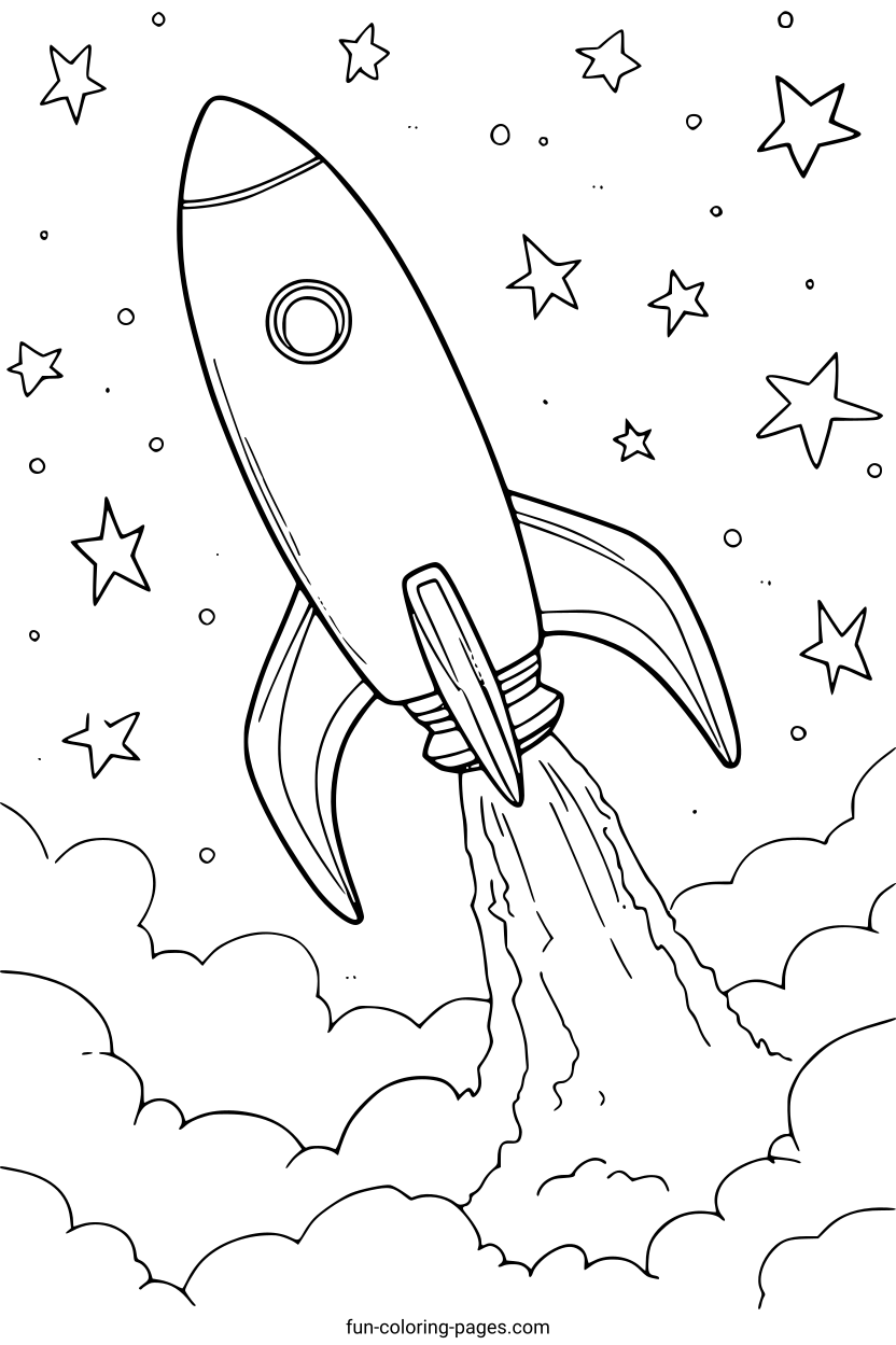 Rocket Launching Through Clouds – free printable coloring page, available as PDF and SVG
