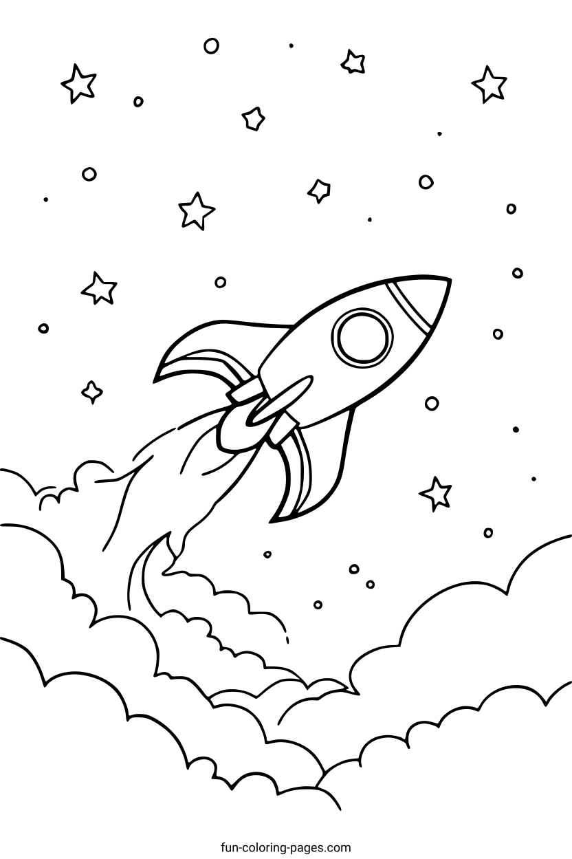 Rocket Launching Through Clouds – free printable coloring page, available as PDF and SVG