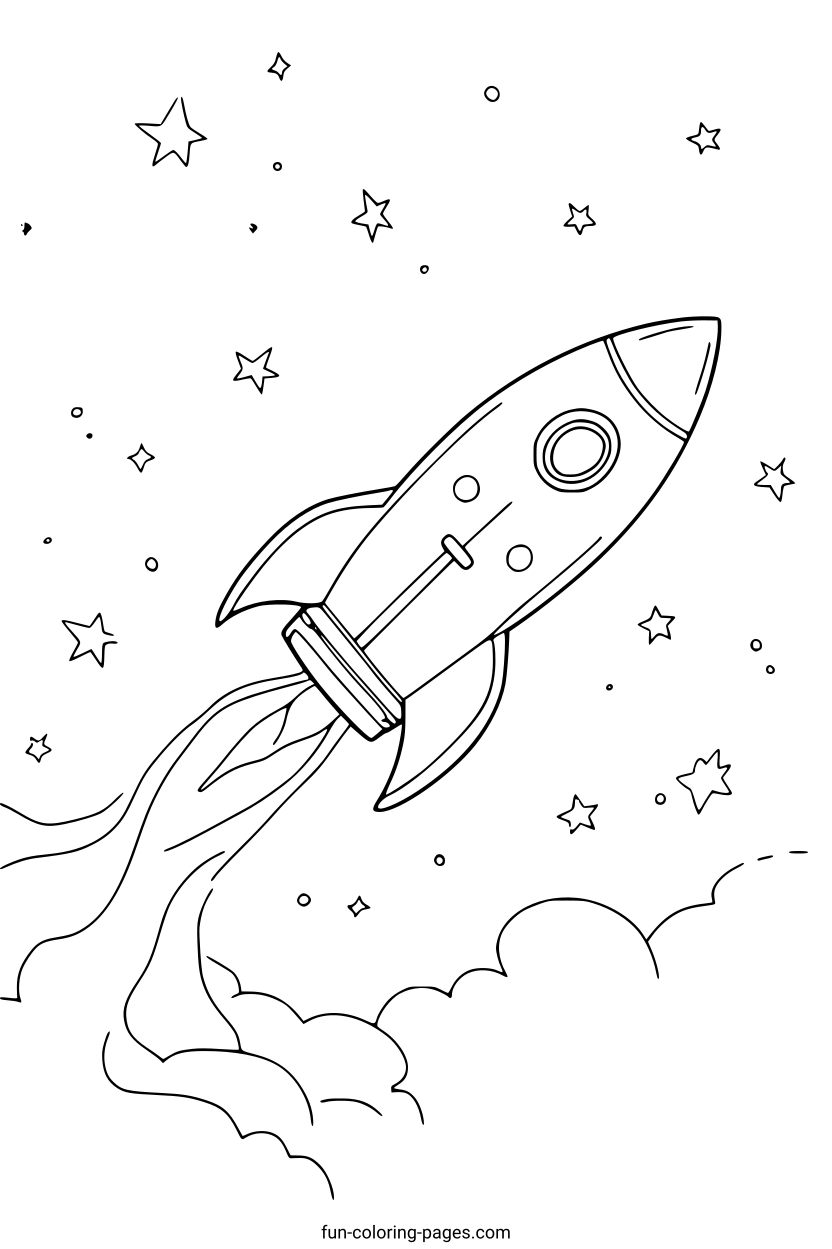 Rocket Launching Through Space – free printable coloring page, available as PDF and SVG