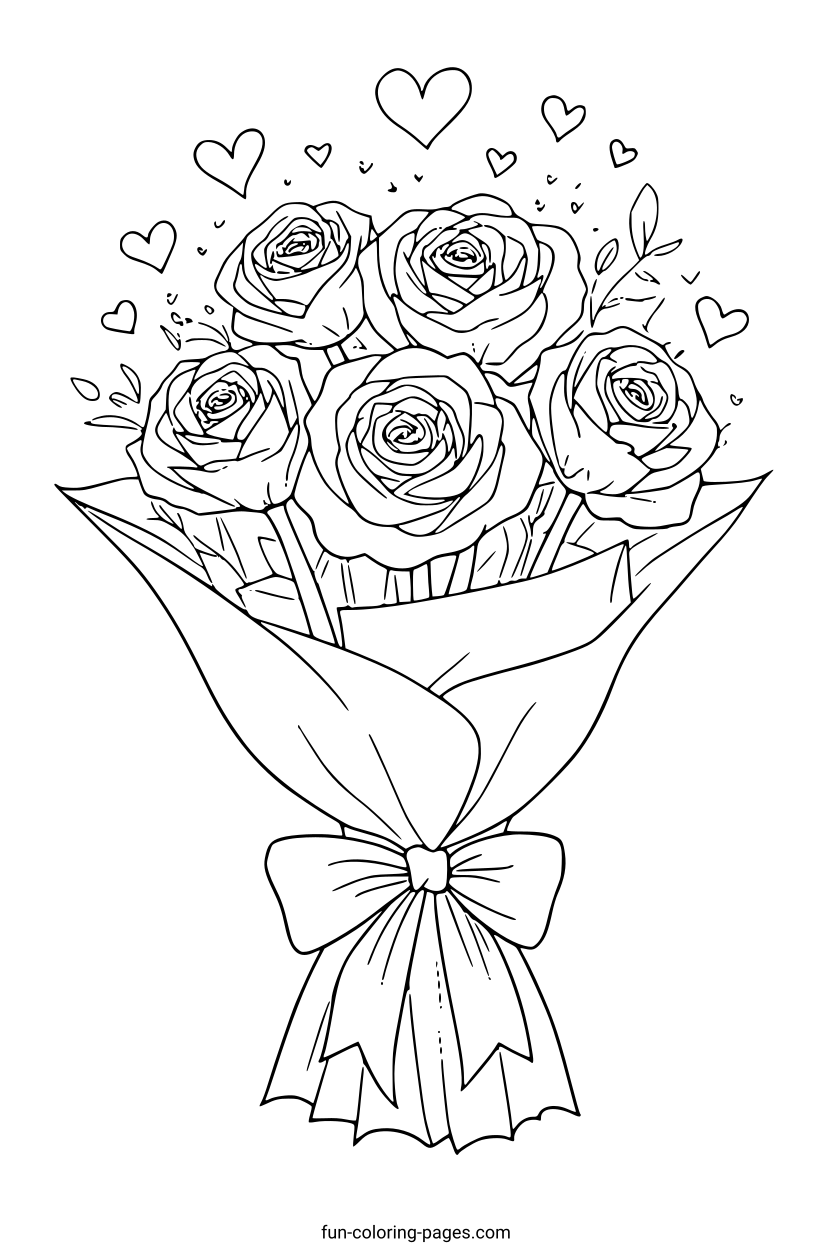 Romantic Rose Bouquet – free printable coloring page, available as PDF and SVG