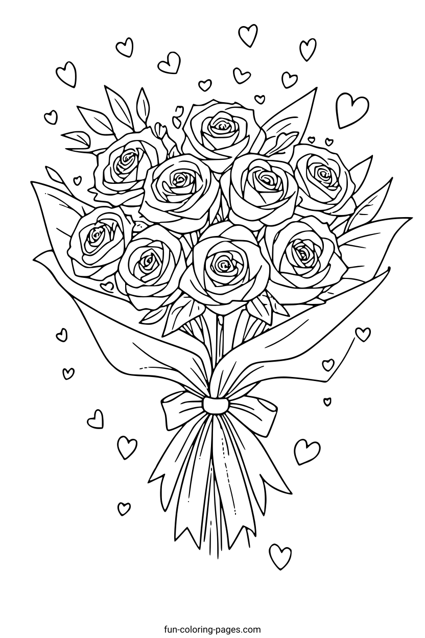 Romantic Rose Bouquet with Hearts – free printable coloring page, available as PDF and SVG