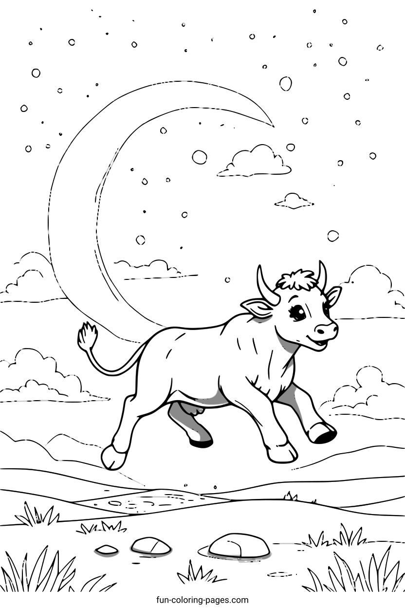 Running Bull Under the Moon – free printable coloring page, available as PDF and SVG