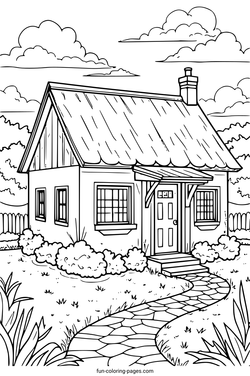 Rustic Cottage With Garden – free printable coloring page, available as PDF and SVG