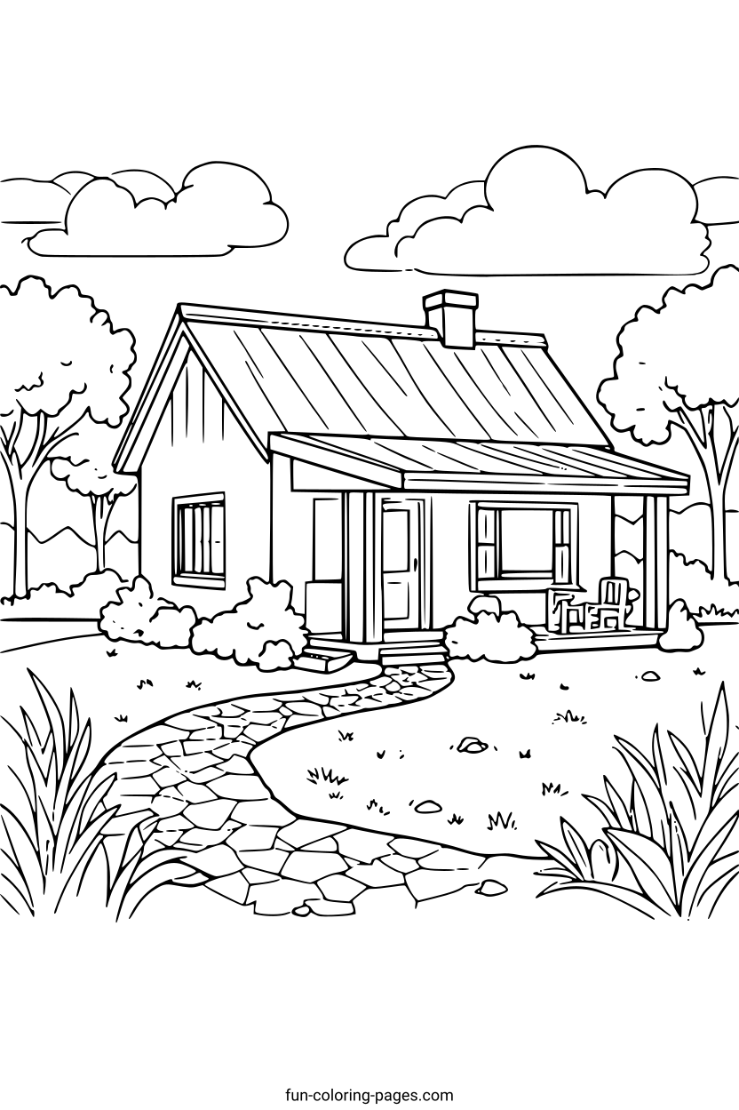 Rustic Countryside Cabin – free printable coloring page, available as PDF and SVG