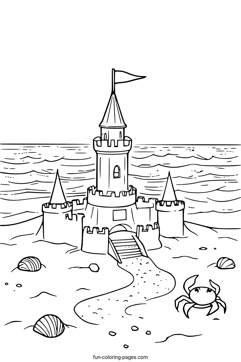 Sandcastle with Flag on Beach – free printable coloring page, available as PDF and SVG