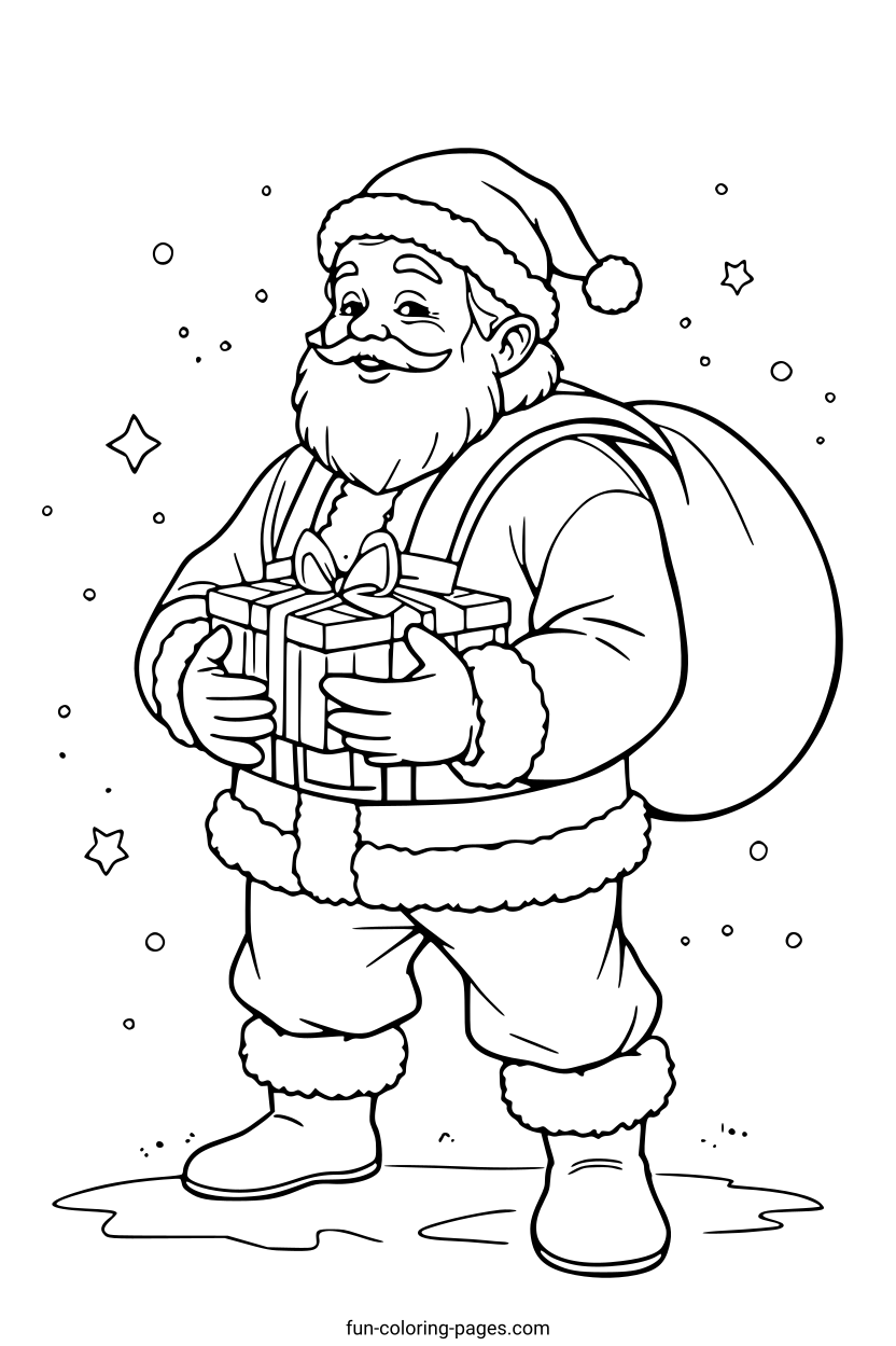Santa Claus Holding a Gift – free printable coloring page, available as PDF and SVG