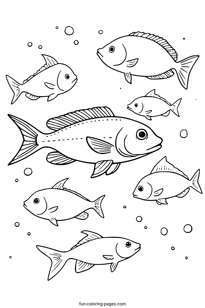 School of Fish Underwater – free printable coloring page, available as PDF and SVG