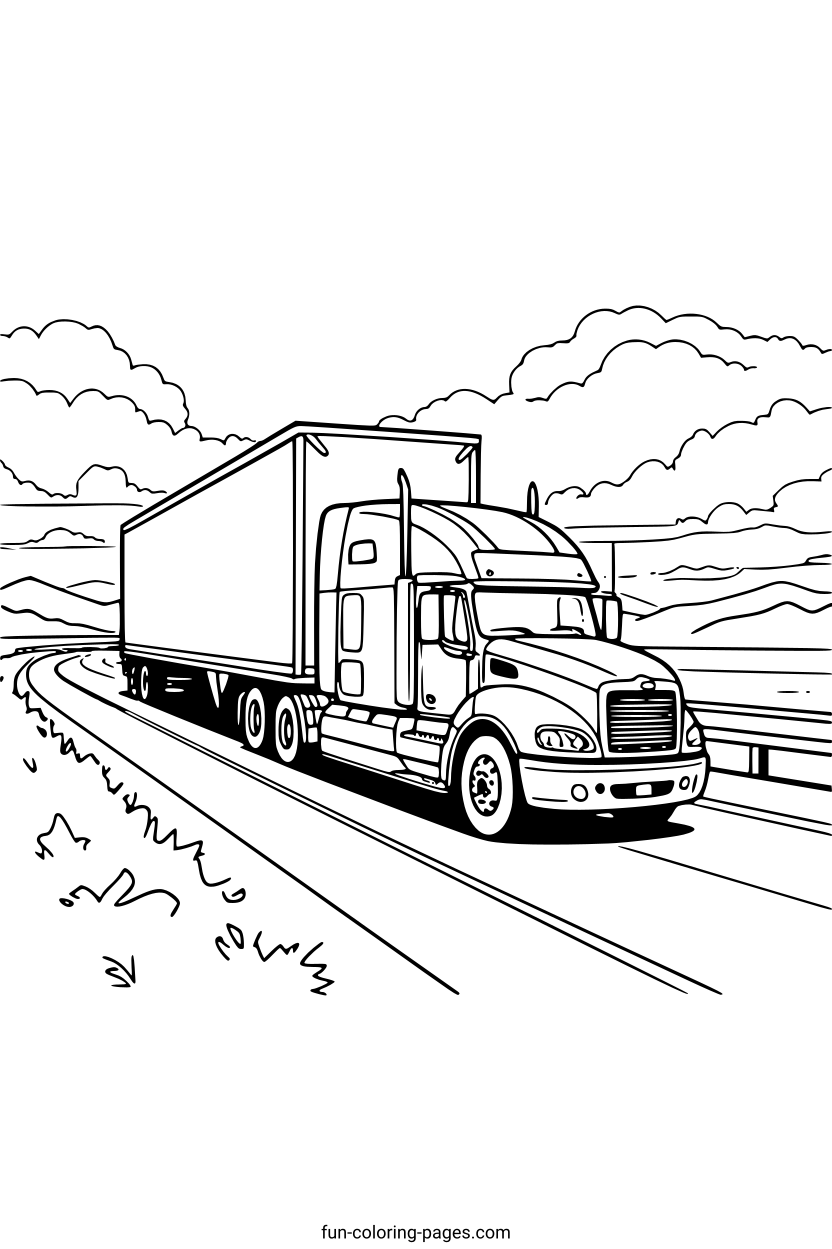 Semi Trailer Truck on Highway – free printable coloring page, available as PDF and SVG