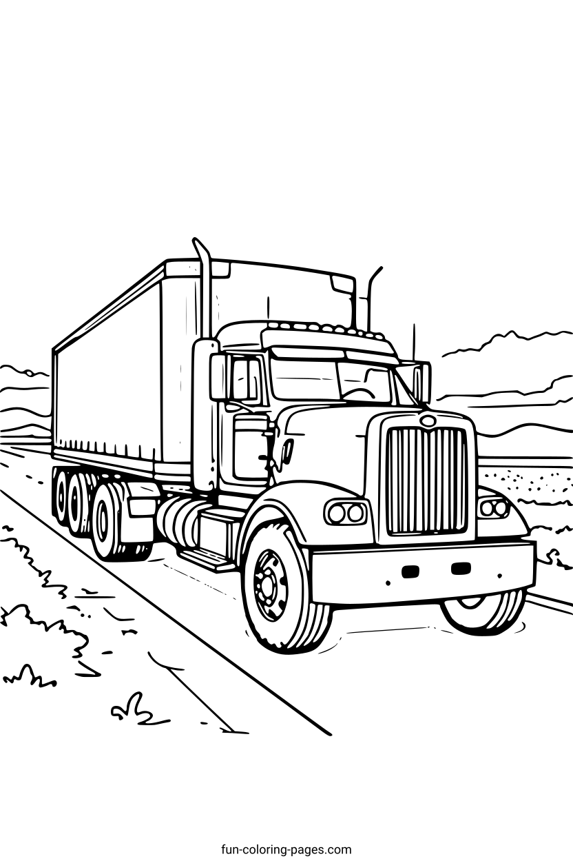 Semi Trailer Truck on Highway – free printable coloring page, available as PDF and SVG