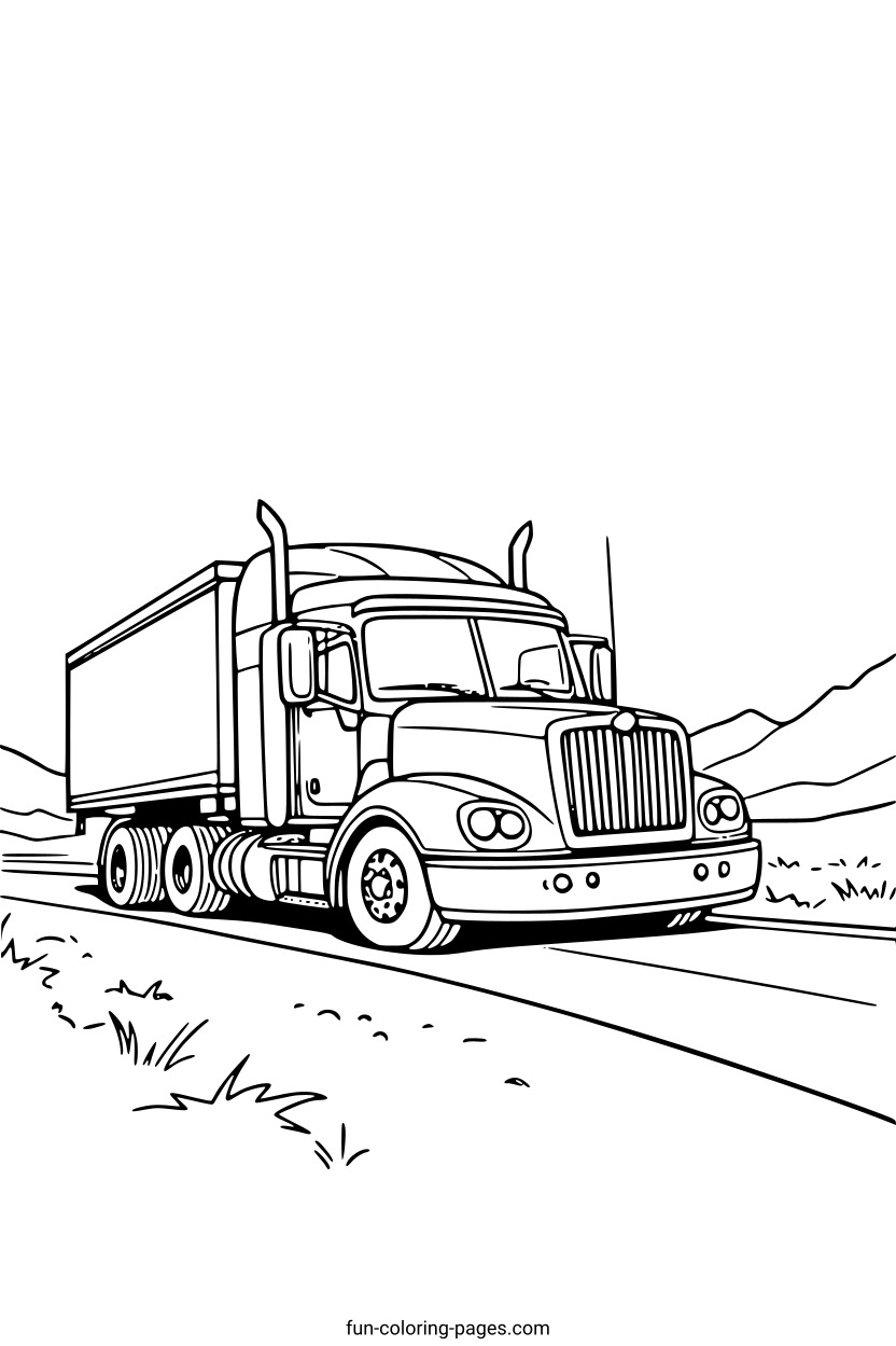 Semi Truck on Highway – free printable coloring page, available as PDF and SVG