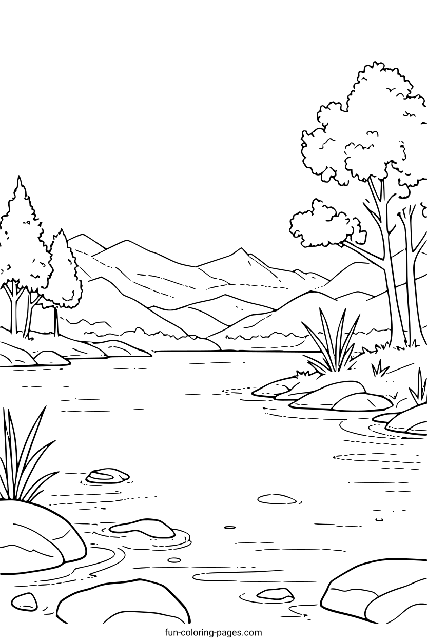 Serene Lake and Mountains – free printable coloring page, available as PDF and SVG