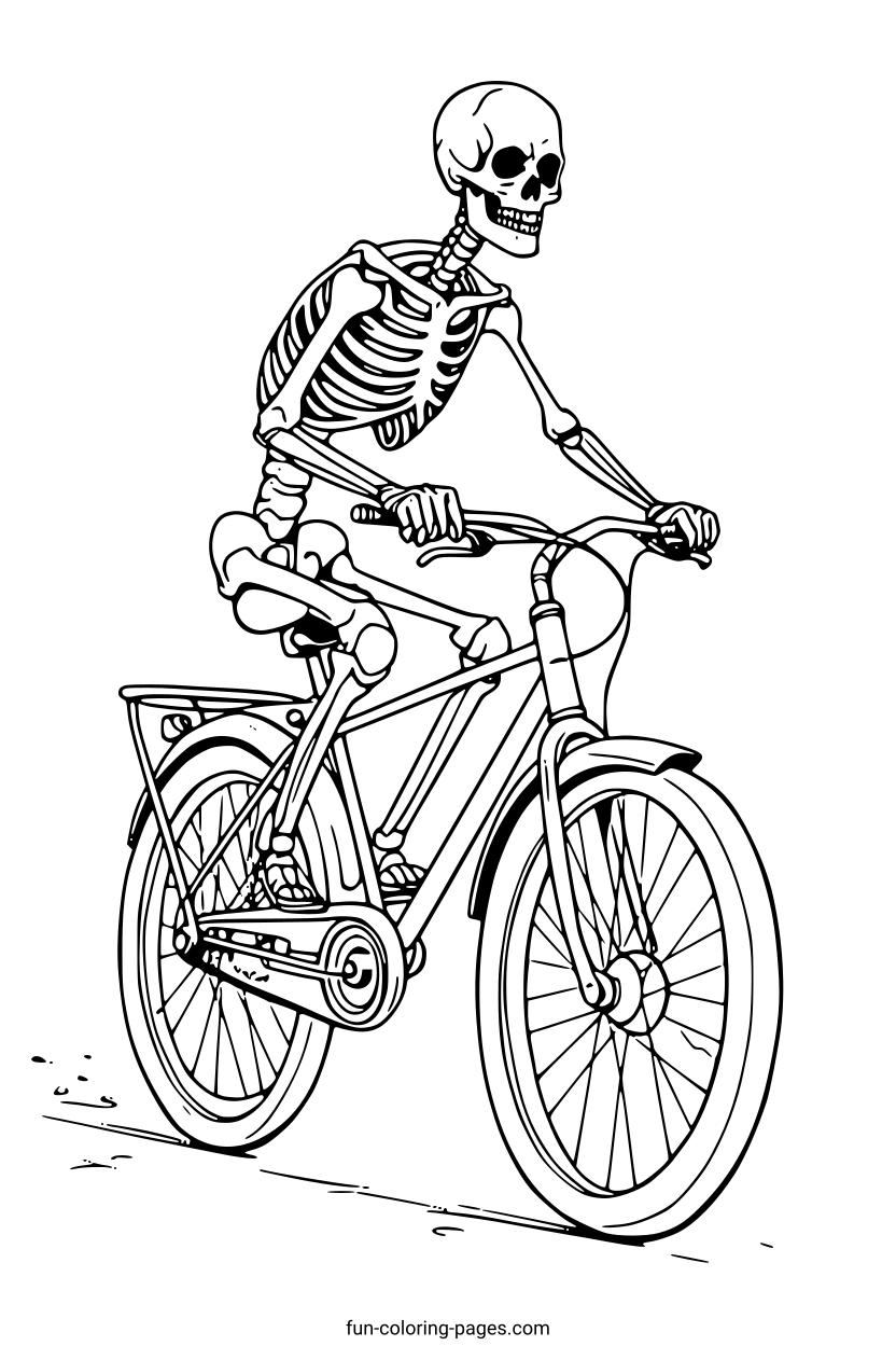 Skeleton Riding a Bicycle – free printable coloring page, available as PDF and SVG