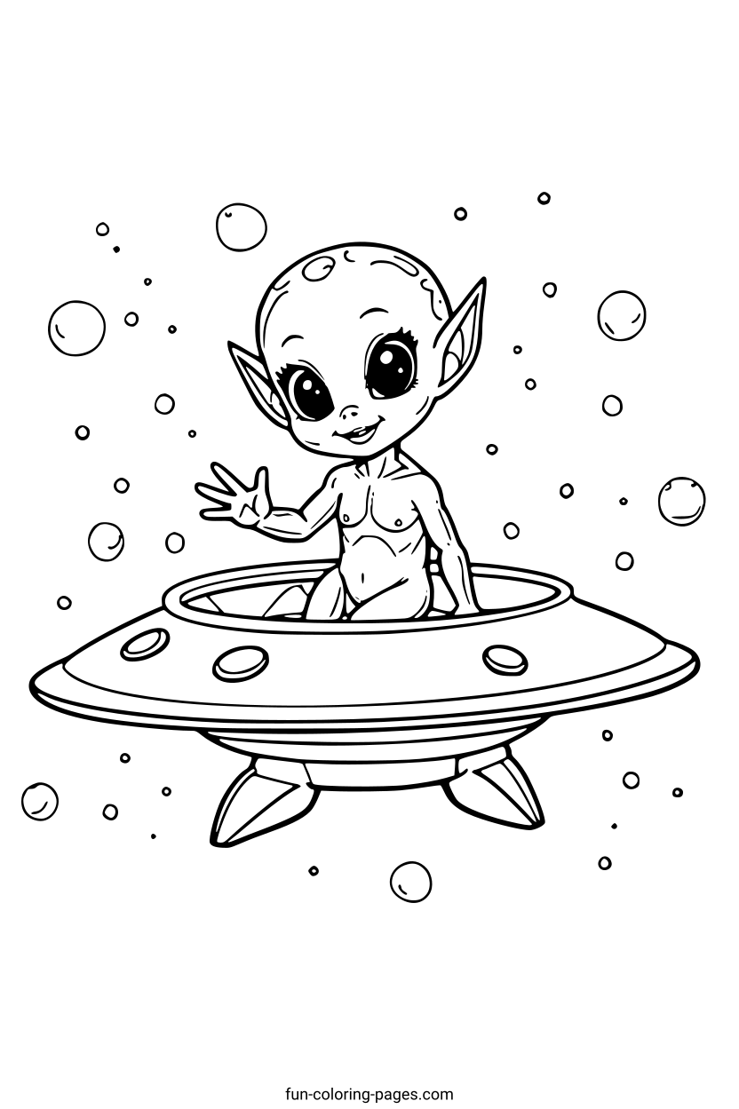Smiling Alien in Spaceship – free printable coloring page, available as PDF and SVG