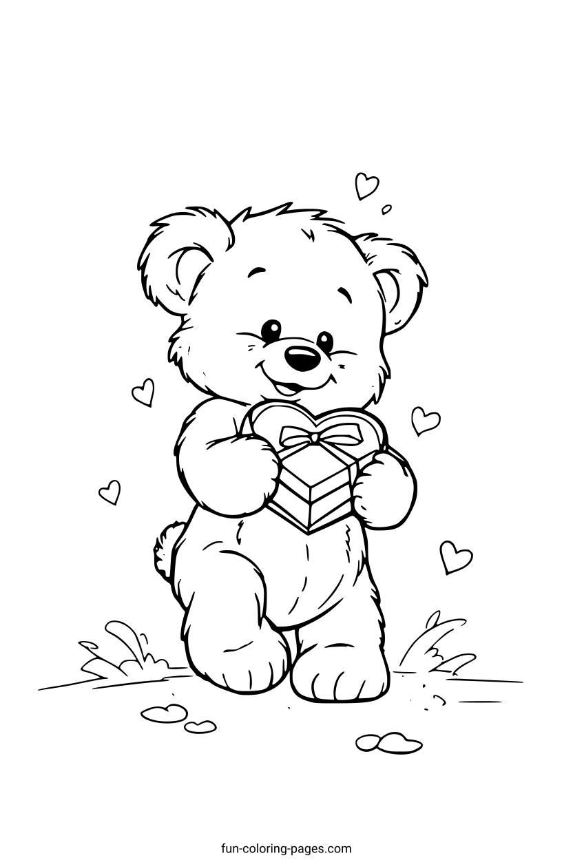Smiling Bear Holding a Gift – free printable coloring page, available as PDF and SVG