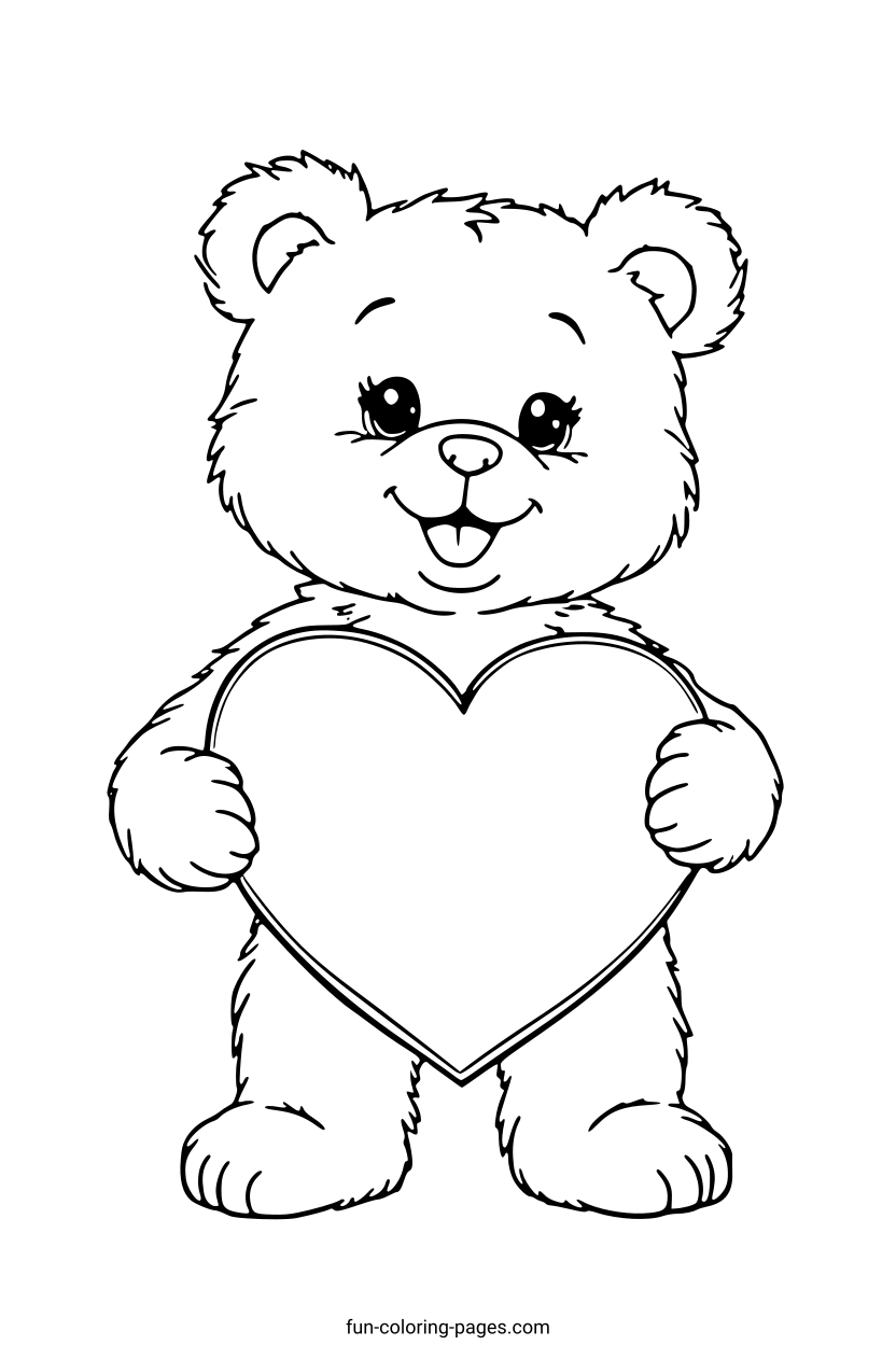Smiling Bear Holding Heart – free printable coloring page, available as PDF and SVG