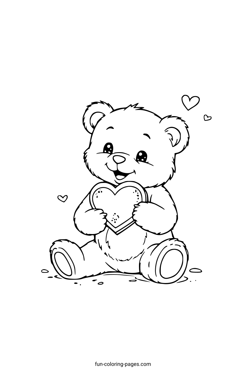 Smiling Bear Holding Heart – free printable coloring page, available as PDF and SVG