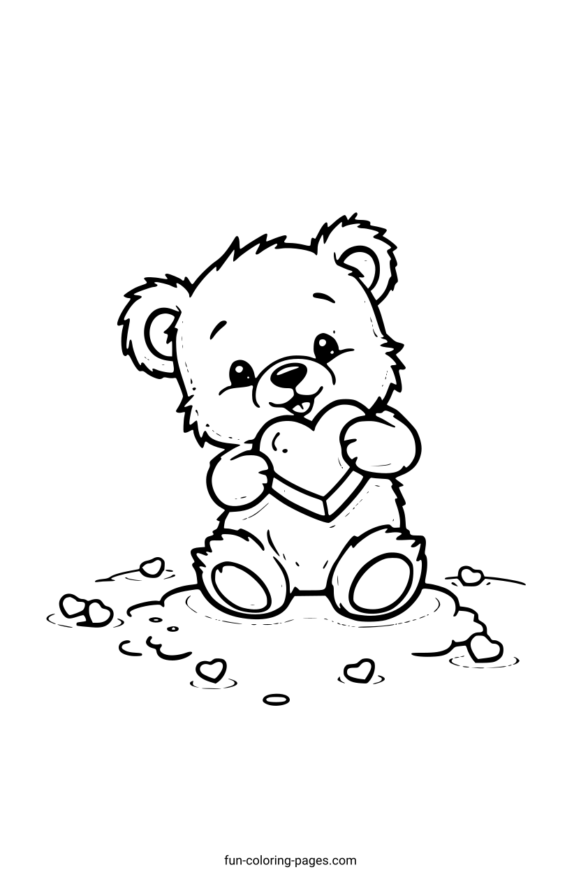 Smiling Bear Holding Heart – free printable coloring page, available as PDF and SVG