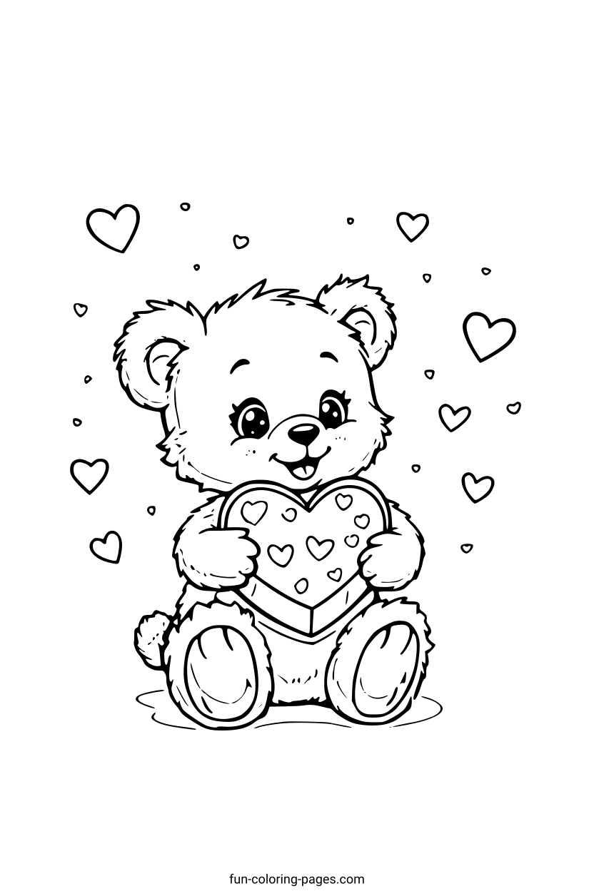 Smiling Bear Holding Heart – free printable coloring page, available as PDF and SVG