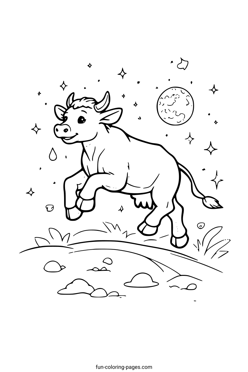 Smiling Bull Jumping Under Stars – free printable coloring page, available as PDF and SVG