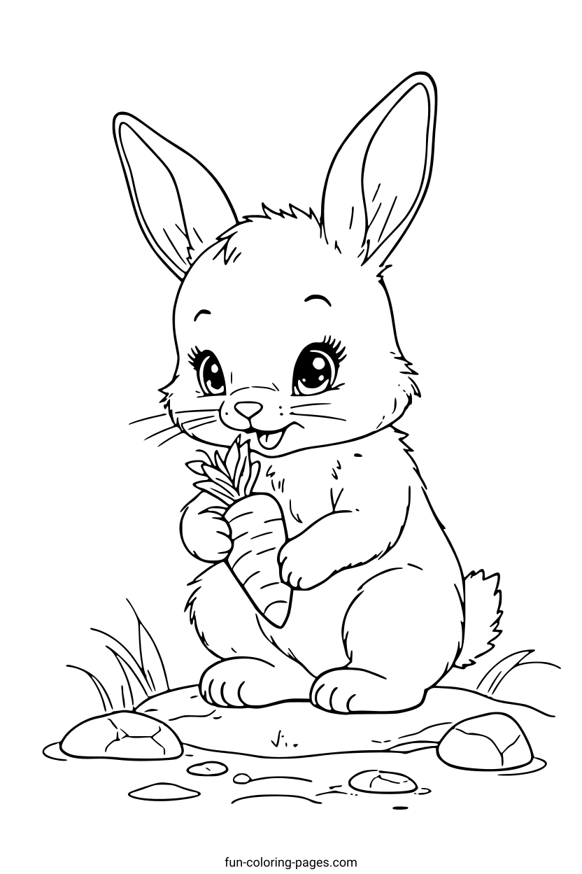 Smiling Bunny with Carrot – free printable coloring page, available as PDF and SVG