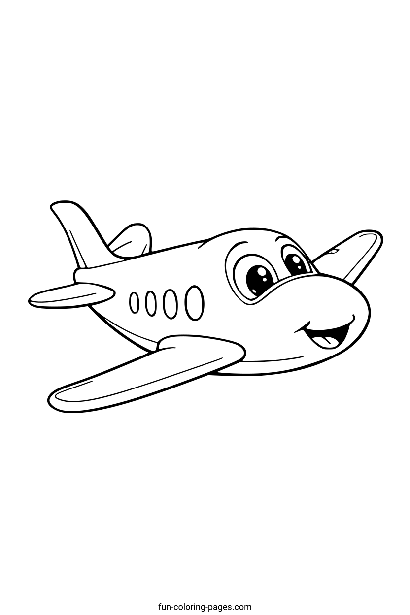 Smiling Cartoon Airplane – free printable coloring page, available as PDF and SVG
