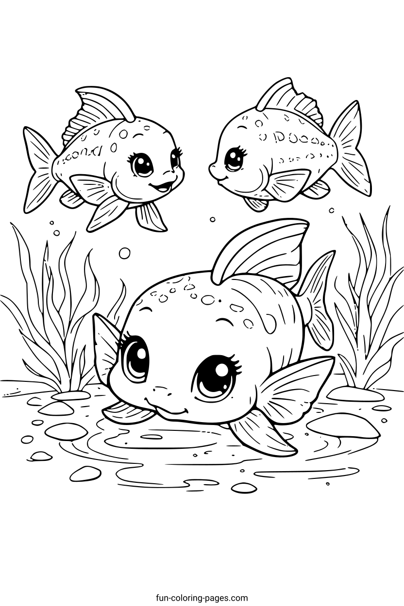 Smiling Cartoon Fish Family – free printable coloring page, available as PDF and SVG