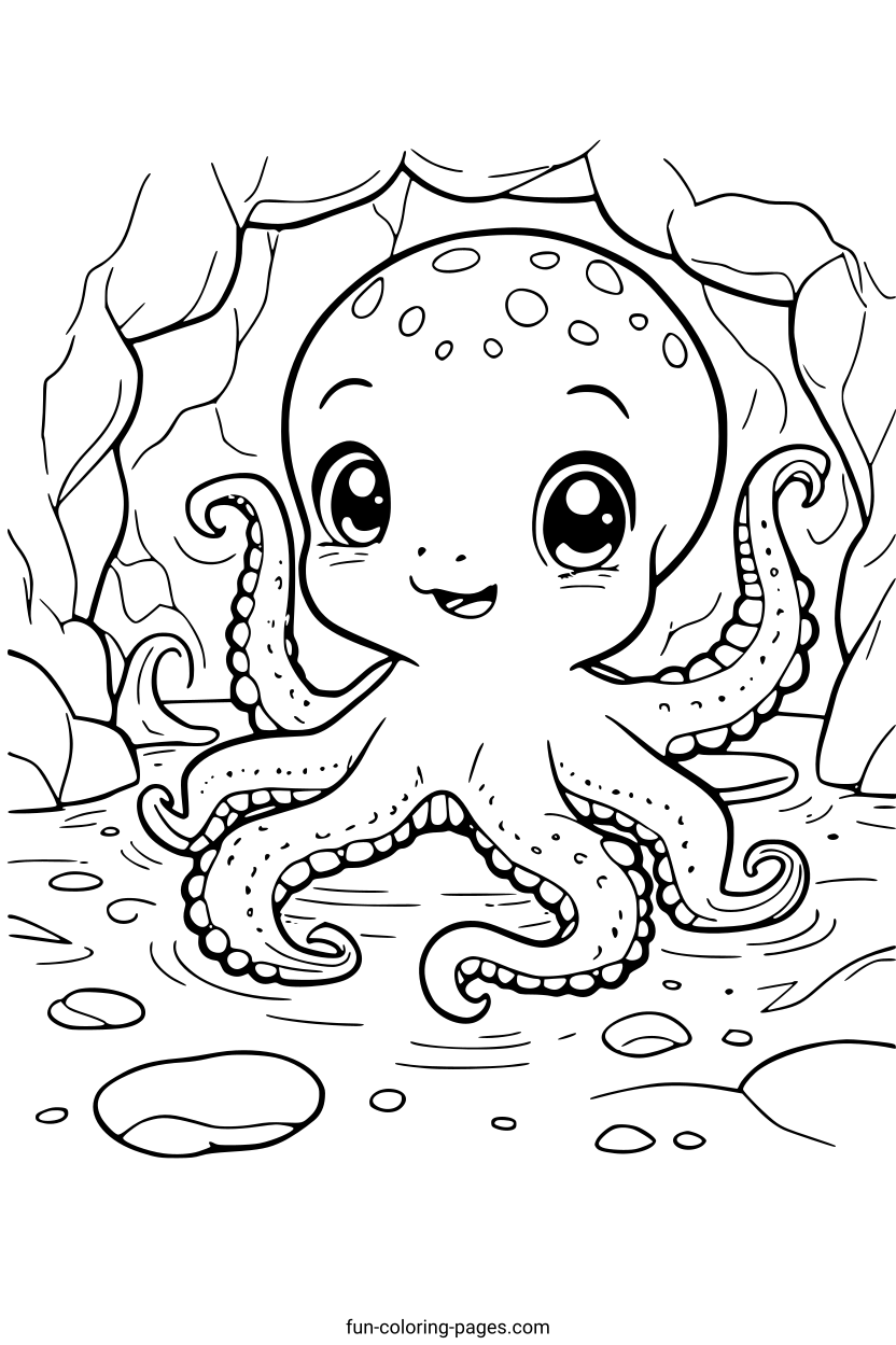 Smiling Cartoon Octopus in Sea Cave – free printable coloring page, available as PDF and SVG