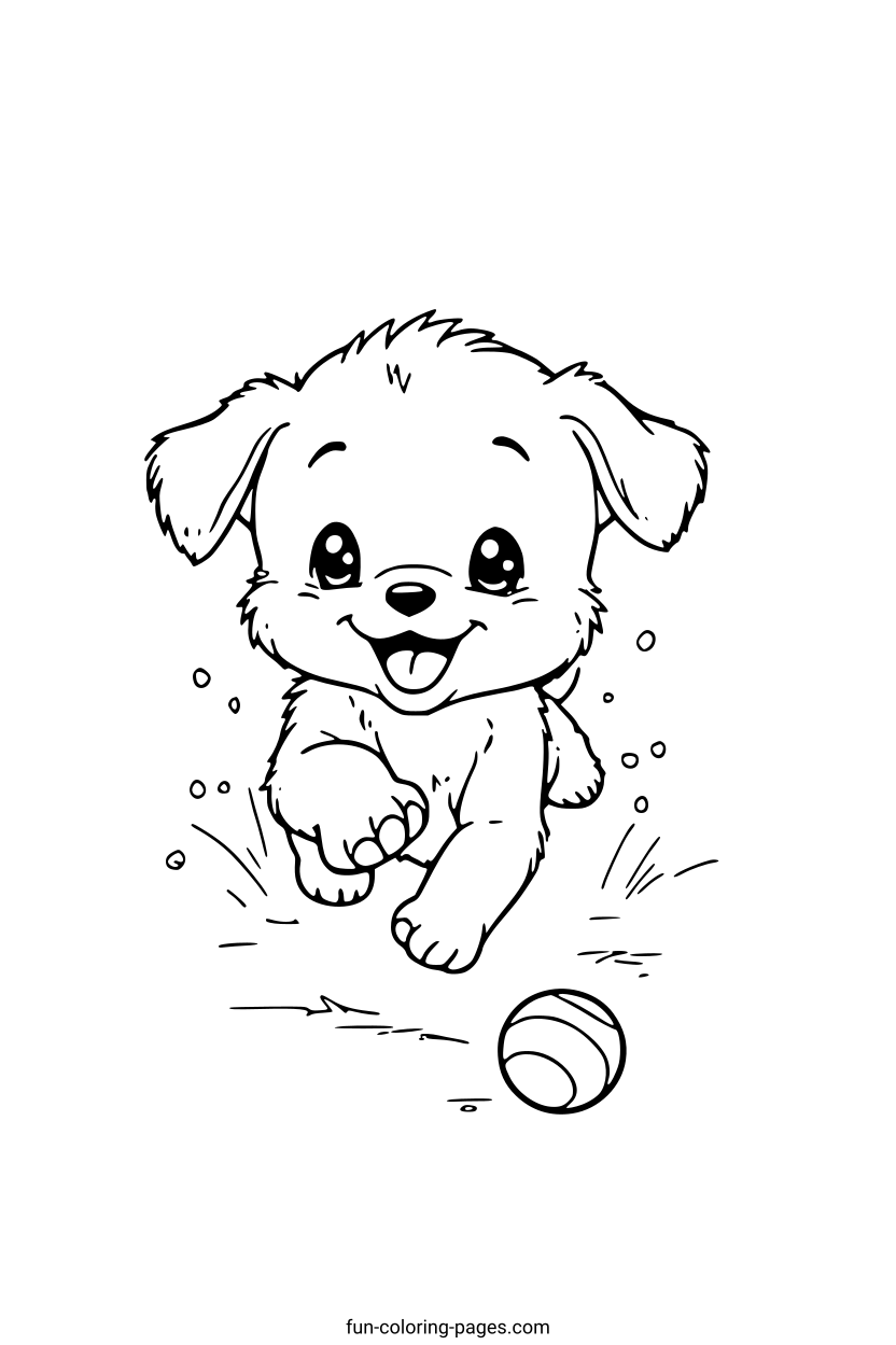 Smiling Cartoon Puppy Chasing Ball – free printable coloring page, available as PDF and SVG