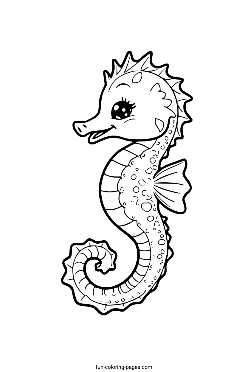 Smiling Cartoon Seahorse – free printable coloring page, available as PDF and SVG