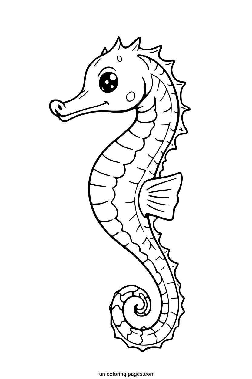 Smiling Cartoon Seahorse – free printable coloring page, available as PDF and SVG