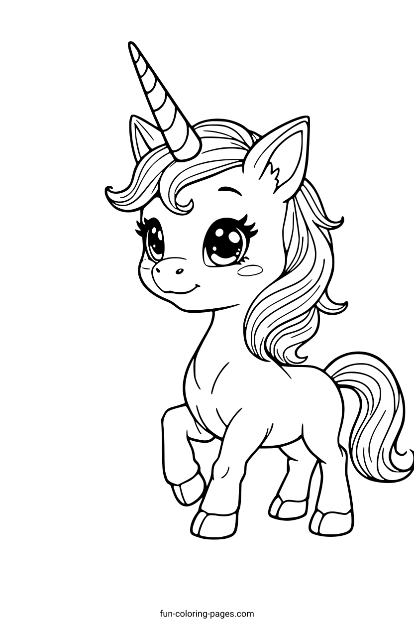 Smiling Cartoon Unicorn – free printable coloring page, available as PDF and SVG