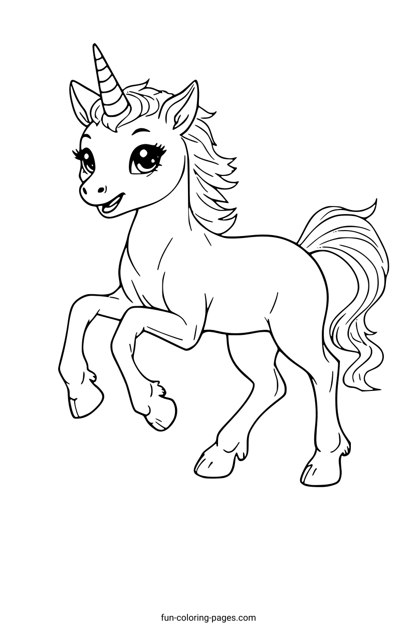 Smiling Cartoon Unicorn – free printable coloring page, available as PDF and SVG