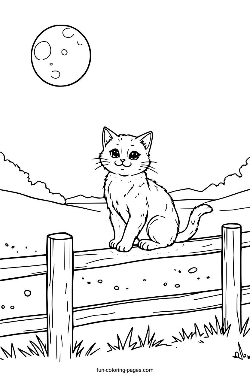 Smiling Cat on a Moonlit Fence – free printable coloring page, available as PDF and SVG