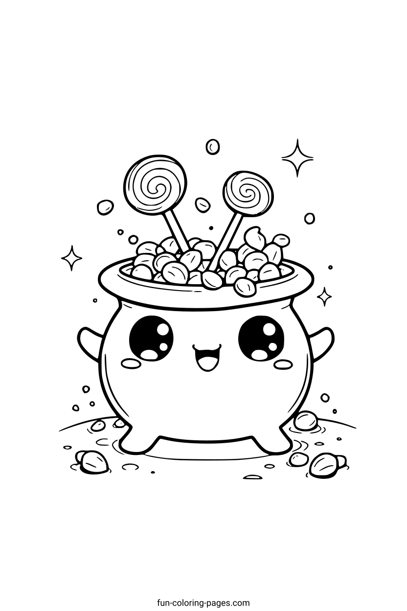 Smiling Cauldron Overflowing with Candy – free printable coloring page, available as PDF and SVG