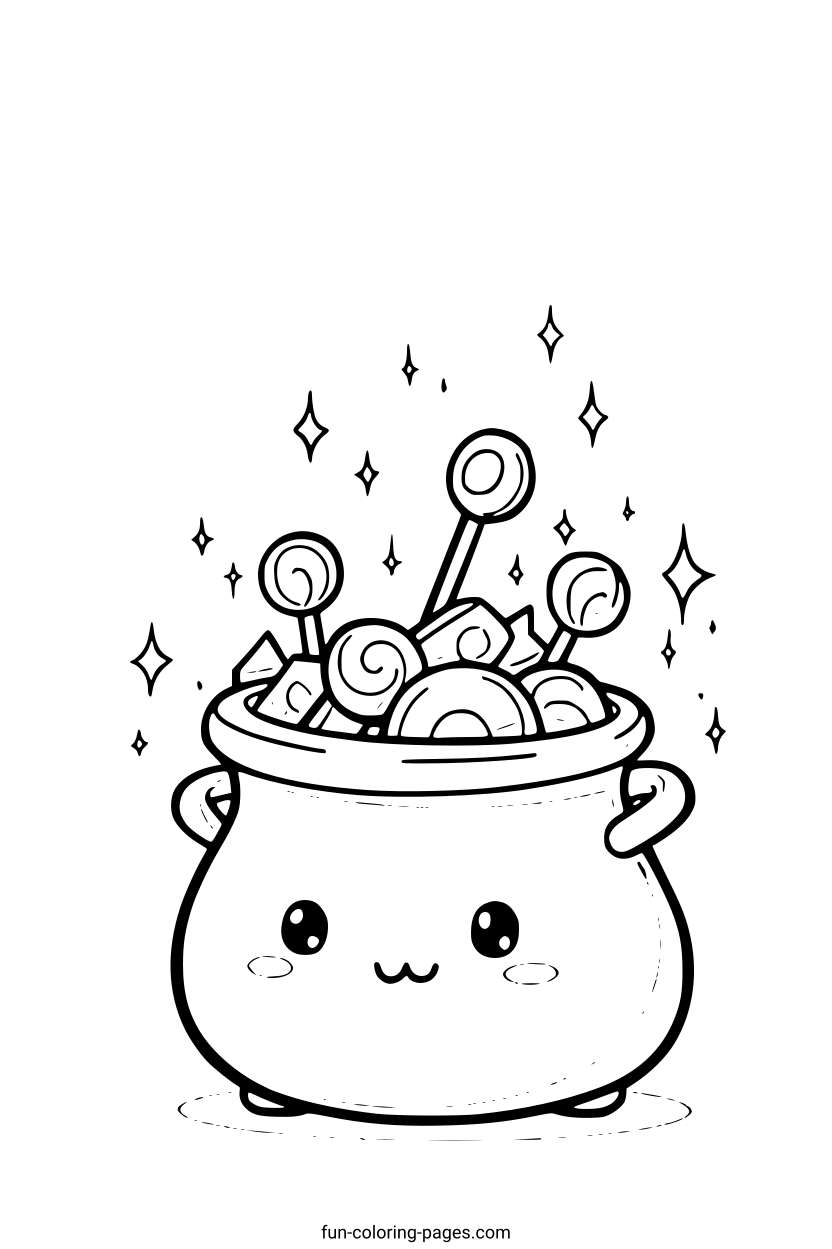 Smiling Cauldron Overflowing with Candy – free printable coloring page, available as PDF and SVG