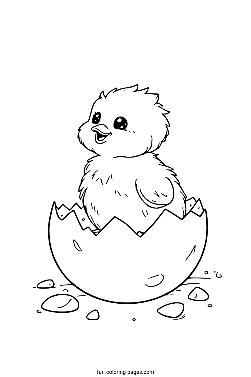 Smiling Chick Breaking Egg – free printable coloring page, available as PDF and SVG
