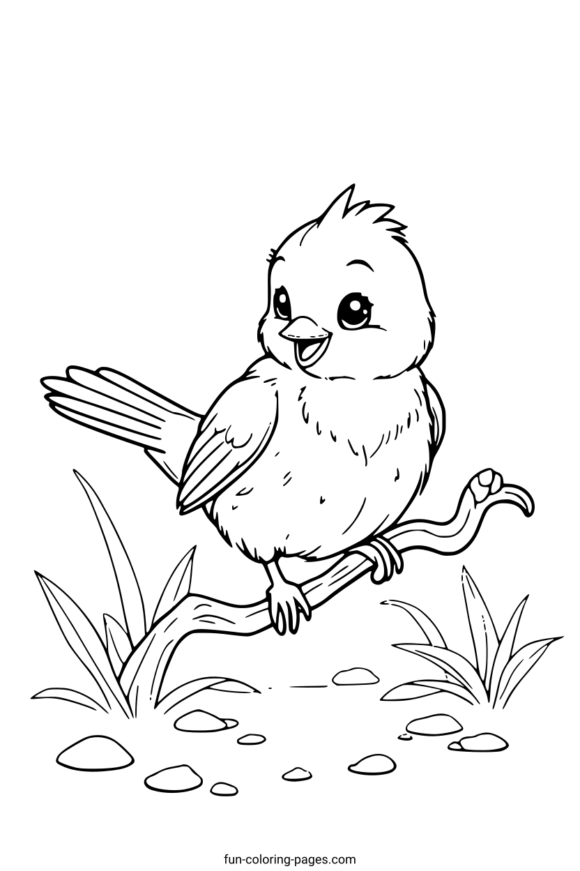 Smiling Bird on a Branch – free printable coloring page, available as PDF and SVG