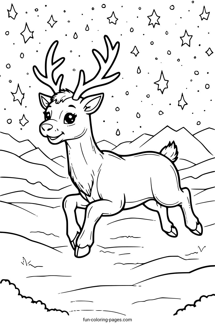 Smiling Deer in Winter Night – free printable coloring page, available as PDF and SVG