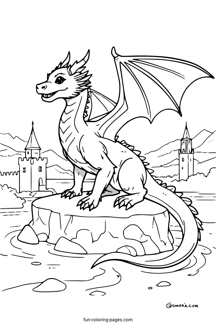 Smiling Dragon on Rock – free printable coloring page, available as PDF and SVG