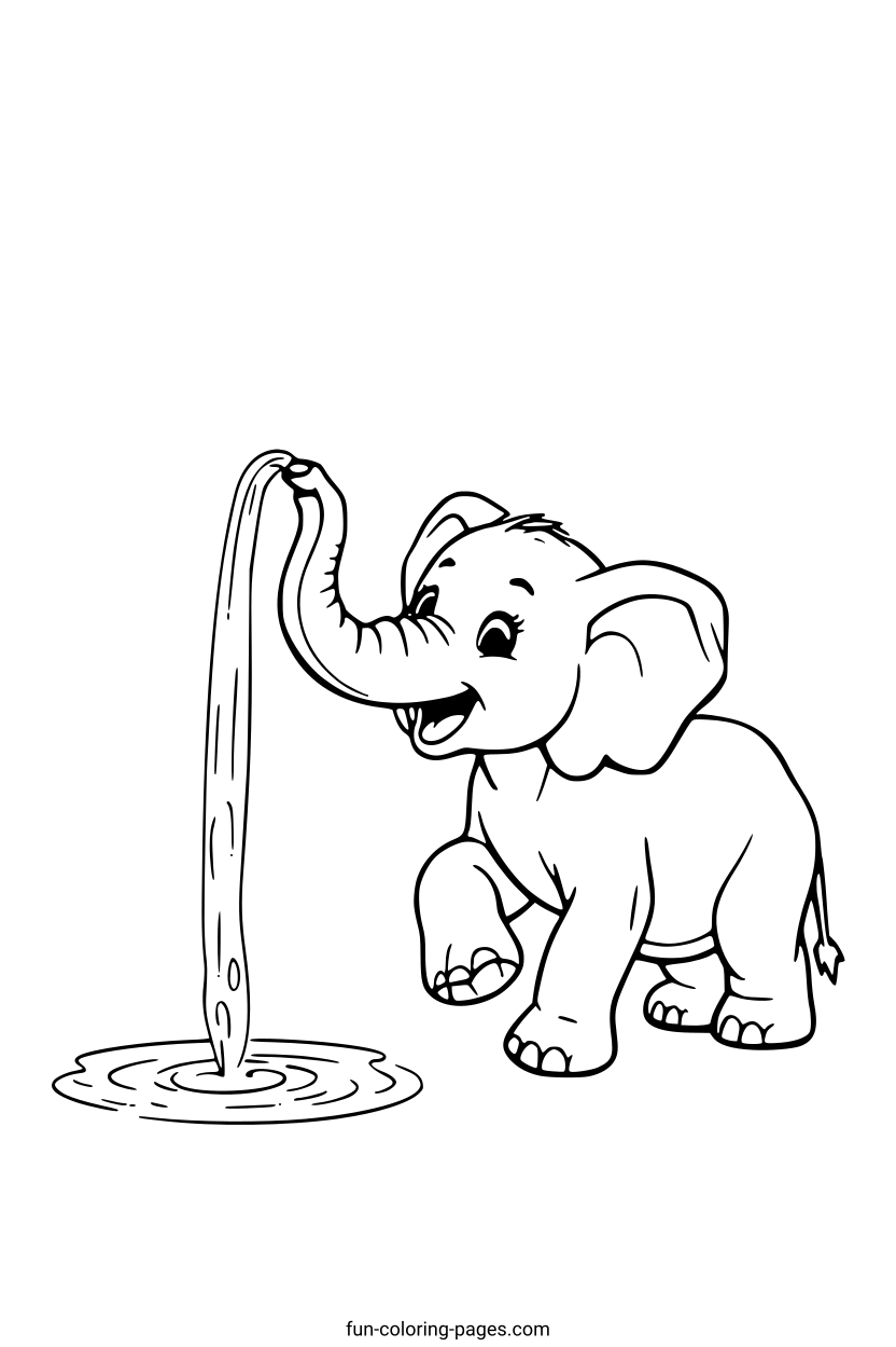 Smiling Elephant Playing with Water – free printable coloring page, available as PDF and SVG