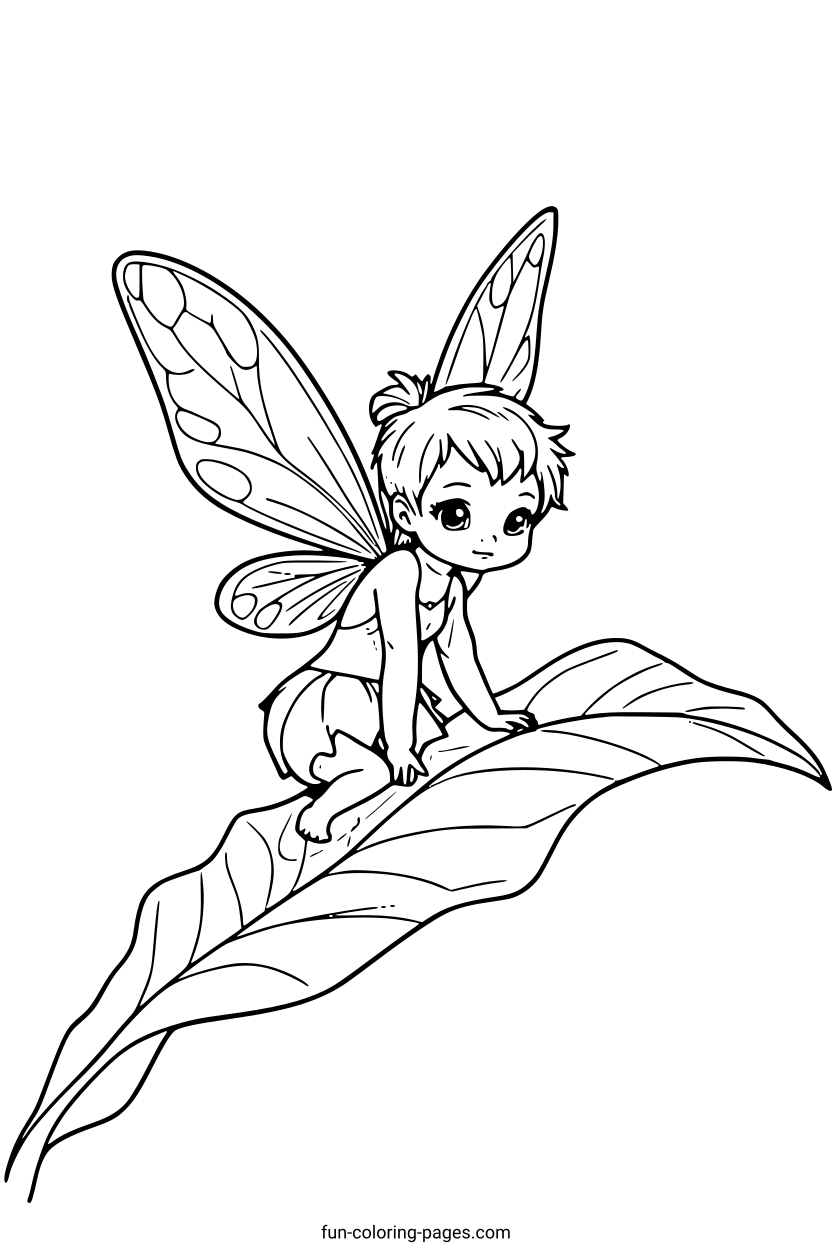 Fairy on a Leaf – free printable coloring page, available as PDF and SVG